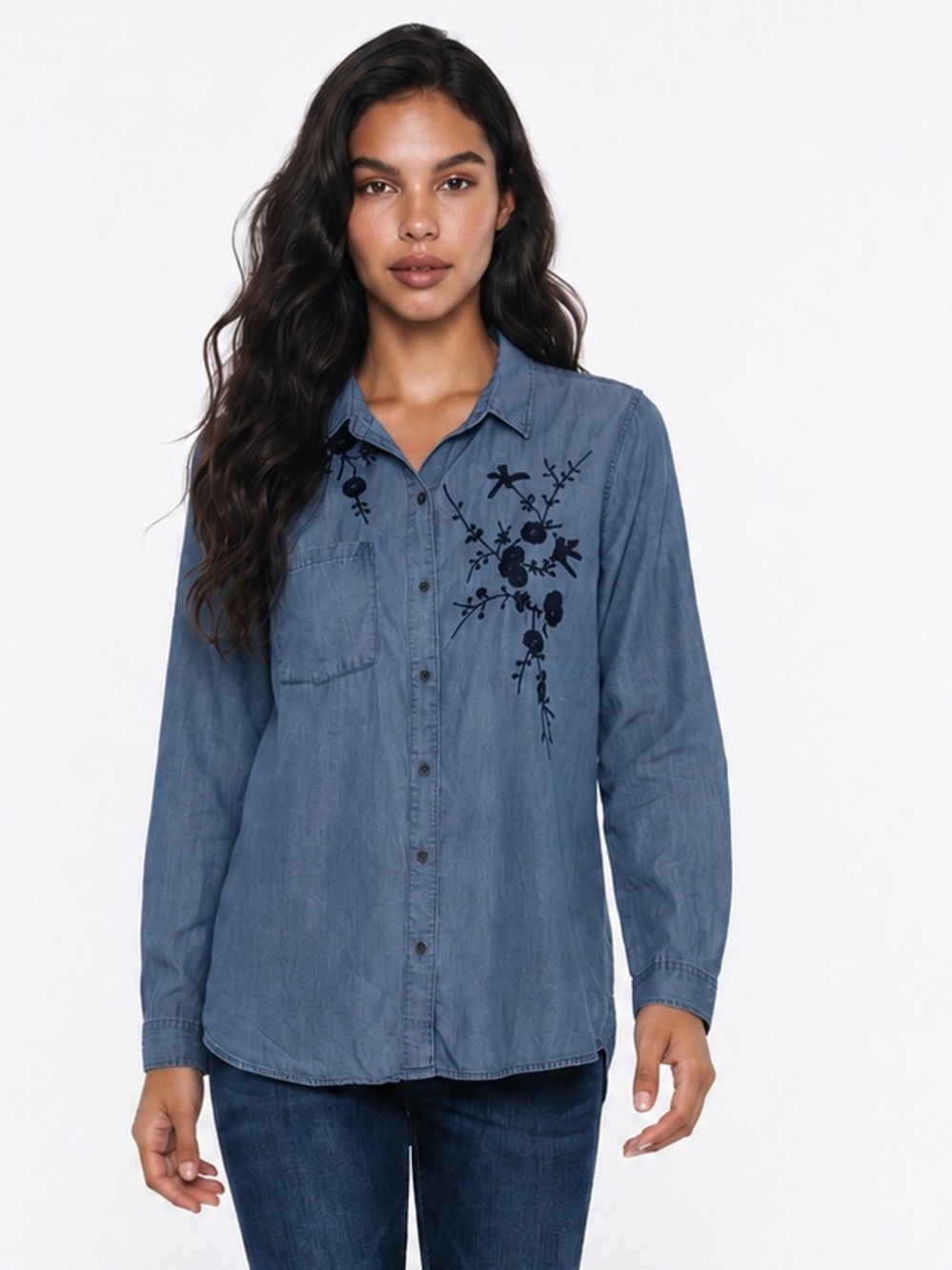 Beach lunch lounge‎ denim blue long tail button front shirt size XL